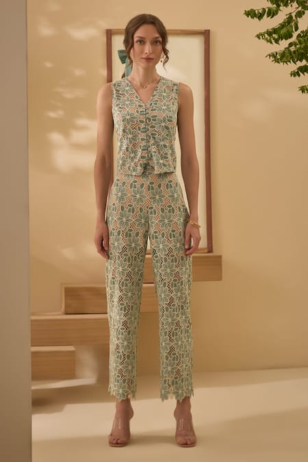 Buy_Label Deepika Nagpal_Green Lace V-neck Mesh Vest With Pant _Online_at_Aza_Fashions