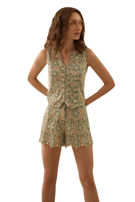 Label Deepika Nagpal_Green Cotton Embroidery, Lace V-neck Mesh Vest And Shorts Set _at_Aza_Fashions