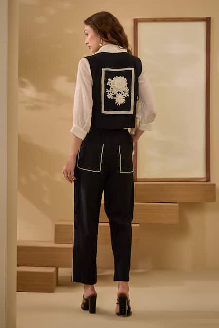 Shop Label Deepika Nagpal Black Cotton, Linen Embroidery Collared Contrast Floral Vest With Pant Set at Aza Fashions Shop_Label Deepika Nagpal_Black Cotton, Linen Embroidery Collared Contrast Floral Vest With Pant Set _at_Aza_Fashions