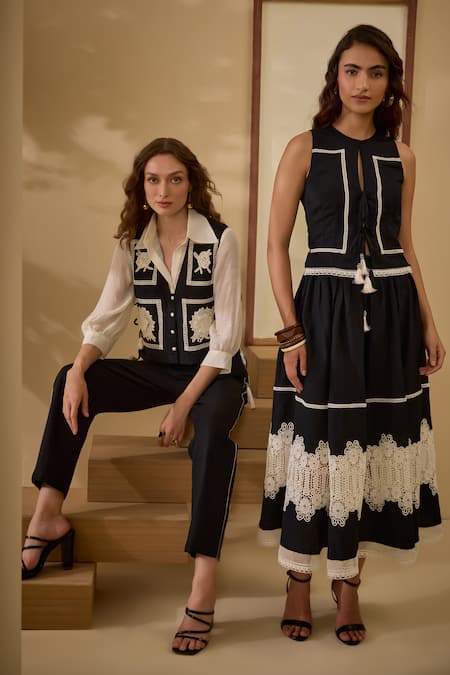 Label Deepika Nagpal Black Cotton, Linen Embroidery Collared Contrast Floral Vest With Pant Set Online at Aza Fashions Label Deepika Nagpal_Black Cotton, Linen Embroidery Collared Contrast Floral Vest With Pant Set _Online_at_Aza_Fashions