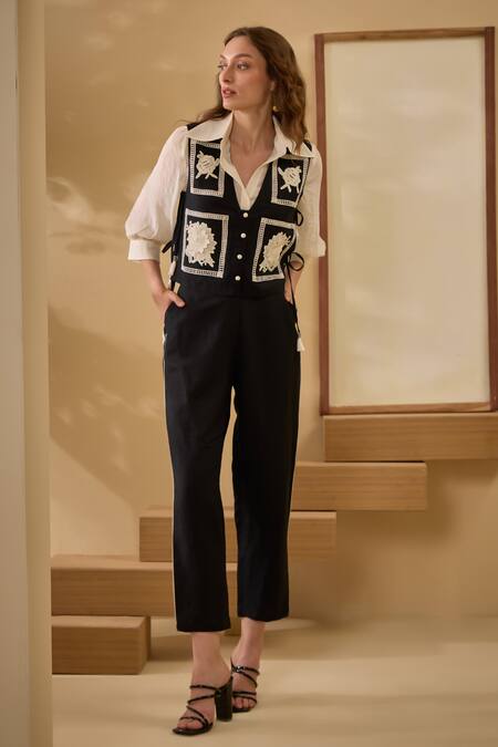 Buy Label Deepika Nagpal Black Cotton, Linen Embroidery Collared Contrast Floral Vest With Pant Set Online at Aza Fashions Buy_Label Deepika Nagpal_Black Cotton, Linen Embroidery Collared Contrast Floral Vest With Pant Set _Online_at_Aza_Fashions