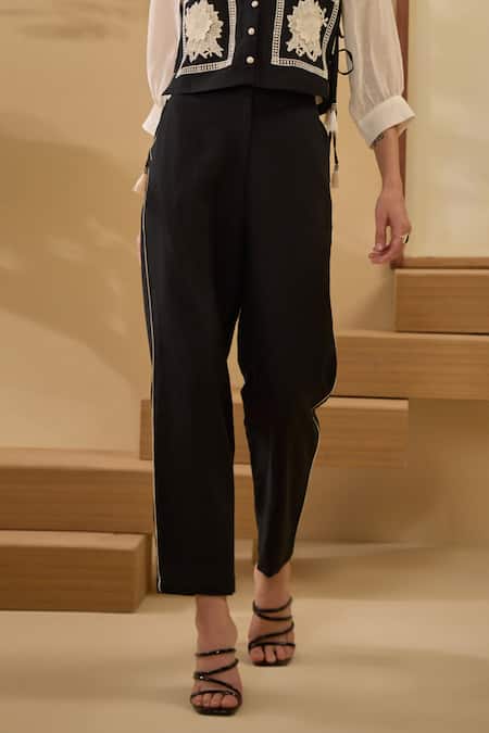 Buy Label Deepika Nagpal Black Cotton, Linen Embroidery Collared Contrast Floral Vest With Pant Set Buy_Label Deepika Nagpal_Black Cotton, Linen Embroidery Collared Contrast Floral Vest With Pant Set