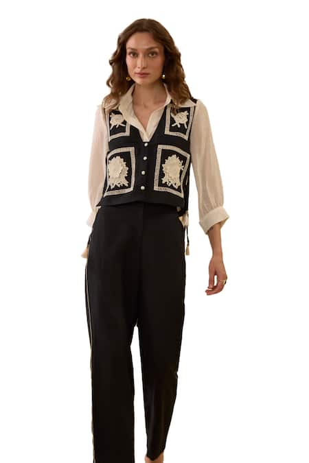 Shop Label Deepika Nagpal Black Cotton, Linen Embroidery Collared Contrast Floral Vest With Pant Set Shop_Label Deepika Nagpal_Black Cotton, Linen Embroidery Collared Contrast Floral Vest With Pant Set