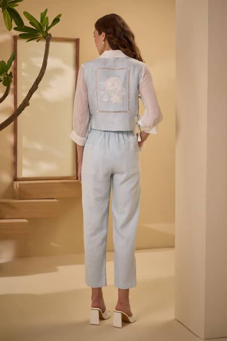 Shop Label Deepika Nagpal Blue Cotton, Linen Embroidery Collared Floral Vest And Pant Set at Aza Fashions Shop_Label Deepika Nagpal_Blue Cotton, Linen Embroidery Collared Floral Vest And Pant Set _at_Aza_Fashions