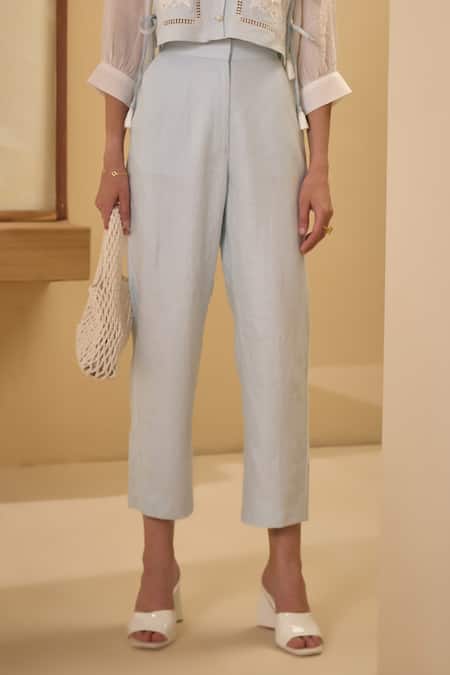 Label Deepika Nagpal Blue Cotton, Linen Embroidery Collared Floral Vest And Pant Set Online at Aza Fashions Label Deepika Nagpal_Blue Cotton, Linen Embroidery Collared Floral Vest And Pant Set _Online_at_Aza_Fashions