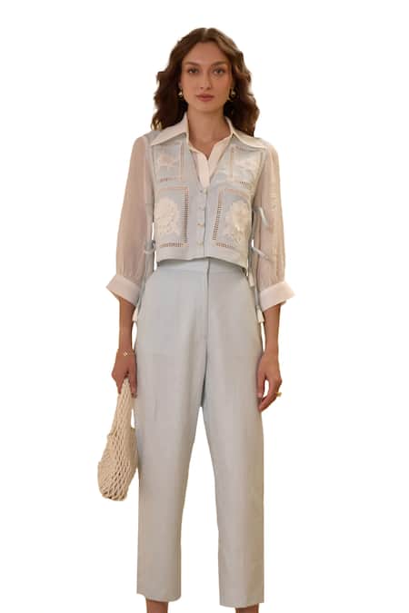Buy Label Deepika Nagpal Blue Cotton, Linen Embroidery Collared Floral Vest And Pant Set Online at Aza Fashions Buy_Label Deepika Nagpal_Blue Cotton, Linen Embroidery Collared Floral Vest And Pant Set _Online_at_Aza_Fashions
