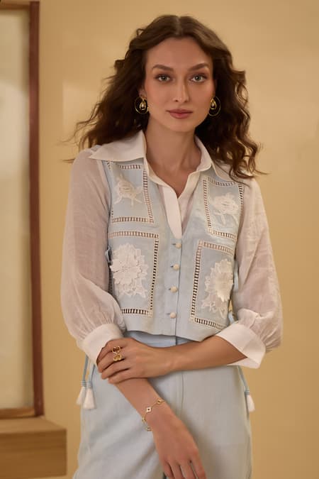 Label Deepika Nagpal Blue Cotton, Linen Embroidery Collared Floral Vest And Pant Set at Aza Fashions Label Deepika Nagpal_Blue Cotton, Linen Embroidery Collared Floral Vest And Pant Set _at_Aza_Fashions