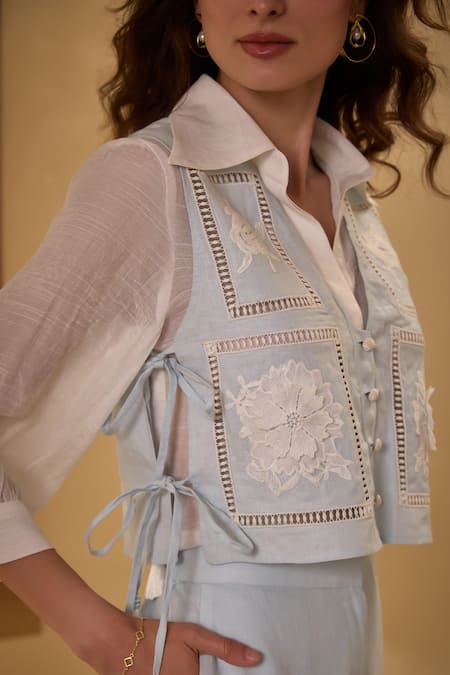 Buy Label Deepika Nagpal Blue Cotton, Linen Embroidery Collared Floral Vest And Pant Set Buy_Label Deepika Nagpal_Blue Cotton, Linen Embroidery Collared Floral Vest And Pant Set