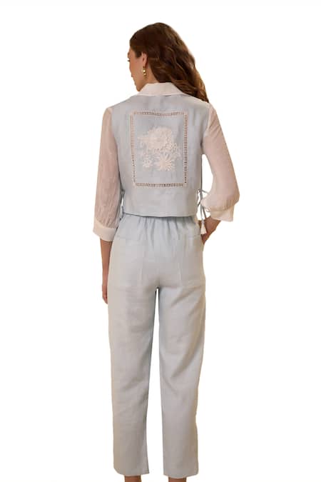 Shop Label Deepika Nagpal Blue Cotton, Linen Embroidery Collared Floral Vest And Pant Set Shop_Label Deepika Nagpal_Blue Cotton, Linen Embroidery Collared Floral Vest And Pant Set