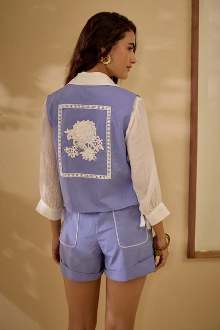 Shop Label Deepika Nagpal Blue Cotton Tassels, Embroidery, Lace Cornflower Vest And Short Co-ord Set at Aza Fashions Shop_Label Deepika Nagpal_Blue Cotton Tassels, Embroidery, Lace Cornflower Vest And Short Co-ord Set _at_Aza_Fashions