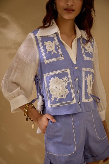 Shop Label Deepika Nagpal Blue Cotton Tassels, Embroidery, Lace Cornflower Vest And Short Co-ord Set Online at Aza Fashions Shop_Label Deepika Nagpal_Blue Cotton Tassels, Embroidery, Lace Cornflower Vest And Short Co-ord Set _Online_at_Aza_Fashions