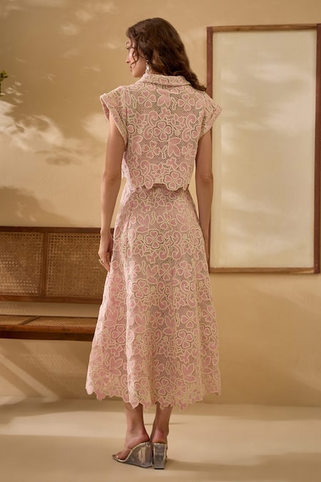 Label Deepika Nagpal Pink Floral Mesh Shirt & Midi Skirt Set 