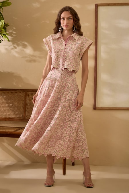 Buy Label Deepika Nagpal Pink Collared Floral Mesh Shirt And Midi Skirt Set Online at Aza Fashions Buy_Label Deepika Nagpal_Pink Collared Floral Mesh Shirt And Midi Skirt Set _Online_at_Aza_Fashions