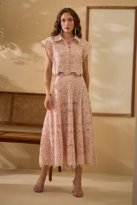 Shop Label Deepika Nagpal Pink Collared Floral Mesh Shirt And Midi Skirt Set Online at Aza Fashions Shop_Label Deepika Nagpal_Pink Collared Floral Mesh Shirt And Midi Skirt Set _Online_at_Aza_Fashions