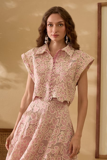 Label Deepika Nagpal Pink Collared Floral Mesh Shirt And Midi Skirt Set at Aza Fashions Label Deepika Nagpal_Pink Collared Floral Mesh Shirt And Midi Skirt Set _at_Aza_Fashions