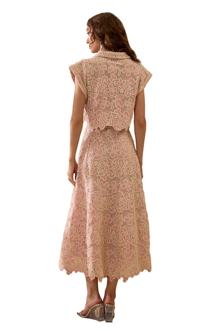 Buy Label Deepika Nagpal Pink Collared Floral Mesh Shirt And Midi Skirt Set Buy_Label Deepika Nagpal_Pink Collared Floral Mesh Shirt And Midi Skirt Set