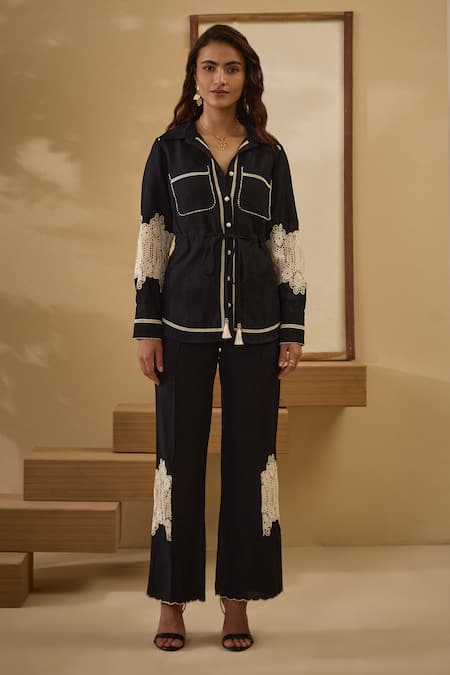 Label Deepika Nagpal_Black Cotton, Linen Lace Collared Sleeve Shirt And Pant Set _Online_at_Aza_Fashions