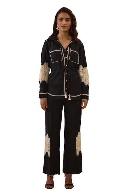 Buy_Label Deepika Nagpal_Black Cotton, Linen Lace Collared Sleeve Shirt And Pant Set _Online_at_Aza_Fashions