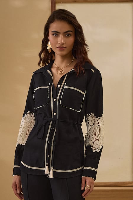 Shop_Label Deepika Nagpal_Black Cotton, Linen Lace Collared Sleeve Shirt And Pant Set _Online_at_Aza_Fashions