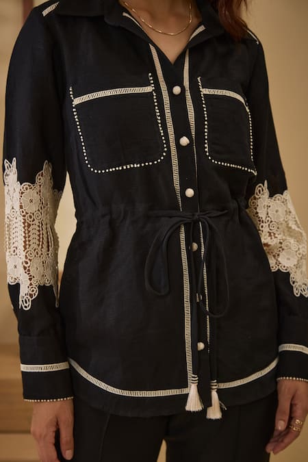 Label Deepika Nagpal_Black Cotton, Linen Lace Collared Sleeve Shirt And Pant Set _at_Aza_Fashions