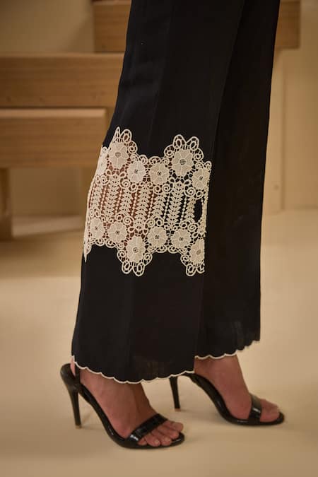 Buy_Label Deepika Nagpal_Black Cotton, Linen Lace Collared Sleeve Shirt And Pant Set 