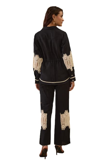 Shop_Label Deepika Nagpal_Black Cotton, Linen Lace Collared Sleeve Shirt And Pant Set 