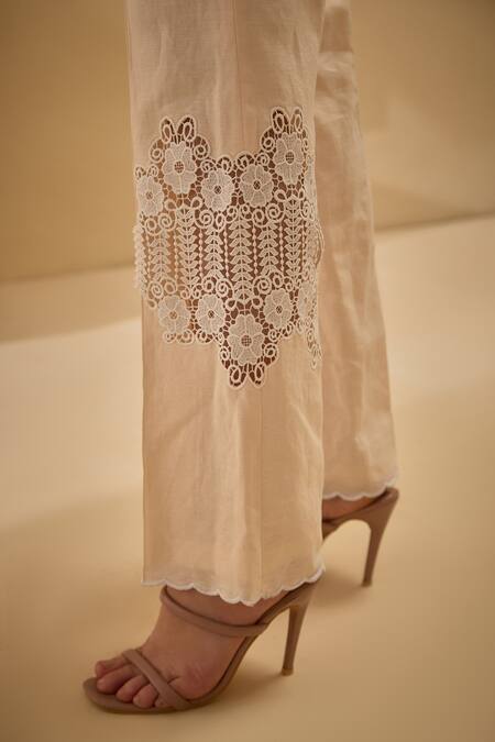 Label Deepika Nagpal_Peach Collared Laced Sleeve Co-ord Set_Online_at_Aza_Fashions