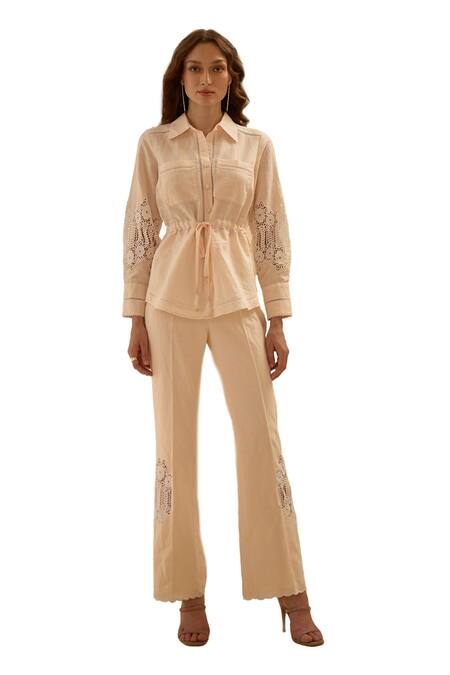 Buy_Label Deepika Nagpal_Peach Collared Laced Sleeve Co-ord Set_Online_at_Aza_Fashions