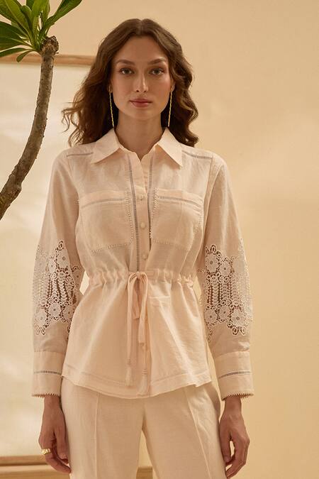 Shop_Label Deepika Nagpal_Peach Collared Laced Sleeve Co-ord Set_Online_at_Aza_Fashions