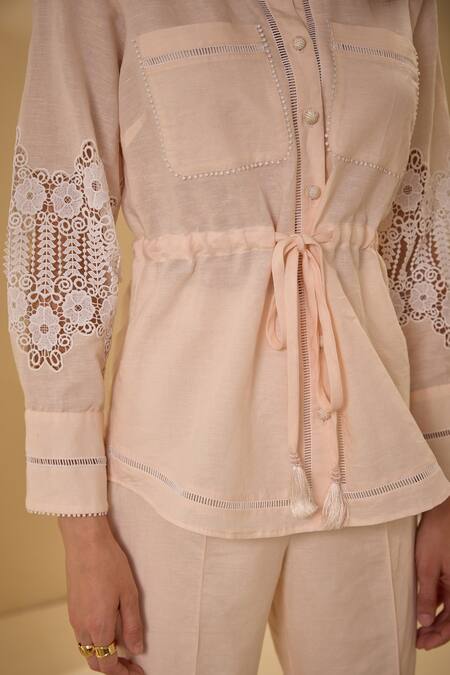 Buy_Label Deepika Nagpal_Peach Collared Laced Sleeve Co-ord Set