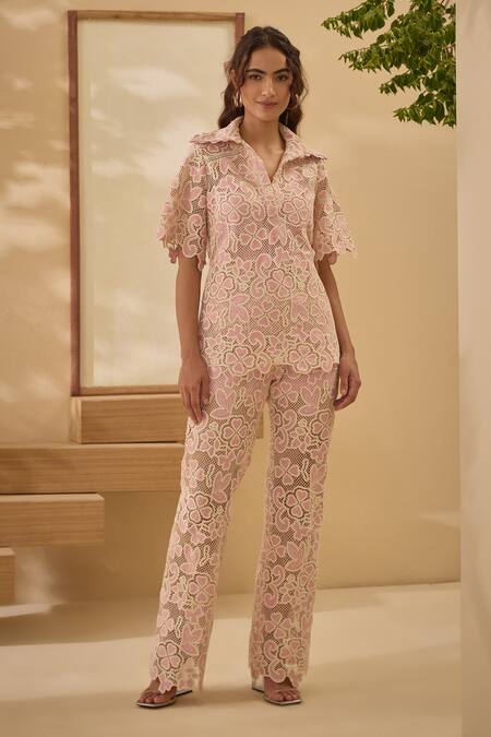 Label Deepika Nagpal Pink Cotton, Collared Candy Flora Mesh Shirt And Pant Set