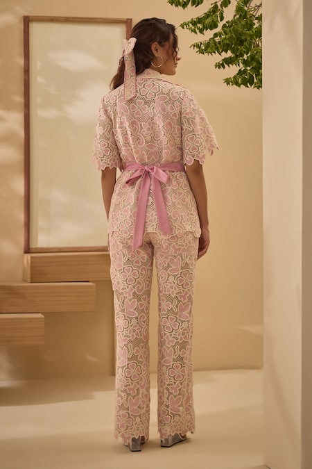 Shop Label Deepika Nagpal Pink Cotton, Collared Candy Flora Mesh Shirt And Pant Set at Aza Fashions Shop_Label Deepika Nagpal_Pink Cotton, Collared Candy Flora Mesh Shirt And Pant Set _at_Aza_Fashions