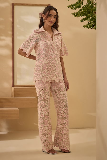 Buy Label Deepika Nagpal Pink Cotton, Collared Candy Flora Mesh Shirt And Pant Set Online at Aza Fashions Buy_Label Deepika Nagpal_Pink Cotton, Collared Candy Flora Mesh Shirt And Pant Set _Online_at_Aza_Fashions