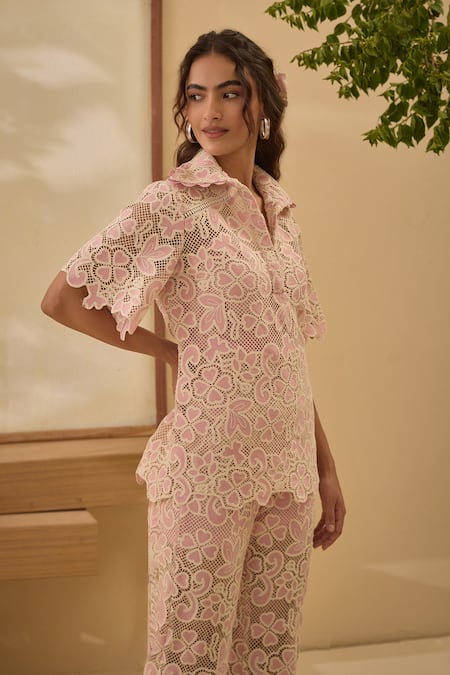 Shop Label Deepika Nagpal Pink Cotton, Collared Candy Flora Mesh Shirt And Pant Set Online at Aza Fashions Shop_Label Deepika Nagpal_Pink Cotton, Collared Candy Flora Mesh Shirt And Pant Set _Online_at_Aza_Fashions