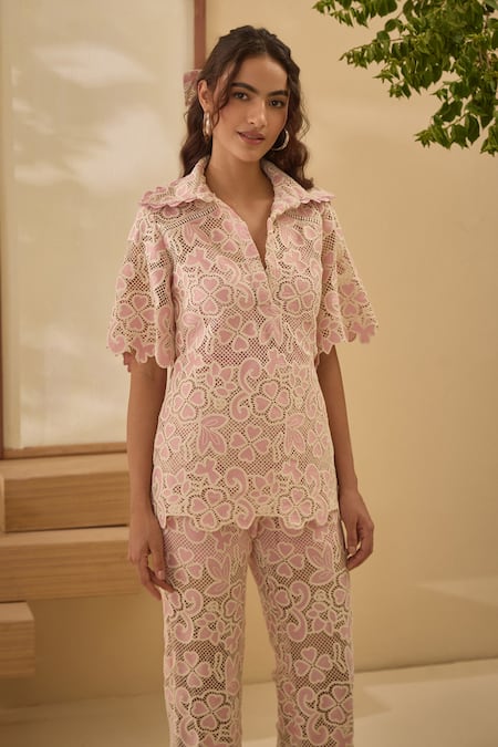 Label Deepika Nagpal Pink Cotton, Collared Candy Flora Mesh Shirt And Pant Set at Aza Fashions Label Deepika Nagpal_Pink Cotton, Collared Candy Flora Mesh Shirt And Pant Set _at_Aza_Fashions
