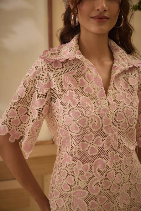 Buy Label Deepika Nagpal Pink Cotton, Collared Candy Flora Mesh Shirt And Pant Set Buy_Label Deepika Nagpal_Pink Cotton, Collared Candy Flora Mesh Shirt And Pant Set