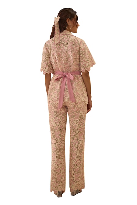 Shop Label Deepika Nagpal Pink Cotton, Collared Candy Flora Mesh Shirt And Pant Set Shop_Label Deepika Nagpal_Pink Cotton, Collared Candy Flora Mesh Shirt And Pant Set