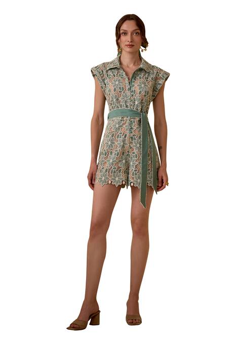 Label Deepika Nagpal Green Viscose, Crepe Lace Collared Forest Floral Mesh Romper With Belt Online at Aza Fashions Label Deepika Nagpal_Green Viscose, Crepe Lace Collared Forest Floral Mesh Romper With Belt _Online_at_Aza_Fashions