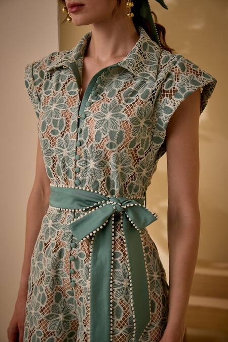 Buy Label Deepika Nagpal Green Viscose, Crepe Lace Collared Forest Floral Mesh Romper With Belt Buy_Label Deepika Nagpal_Green Viscose, Crepe Lace Collared Forest Floral Mesh Romper With Belt