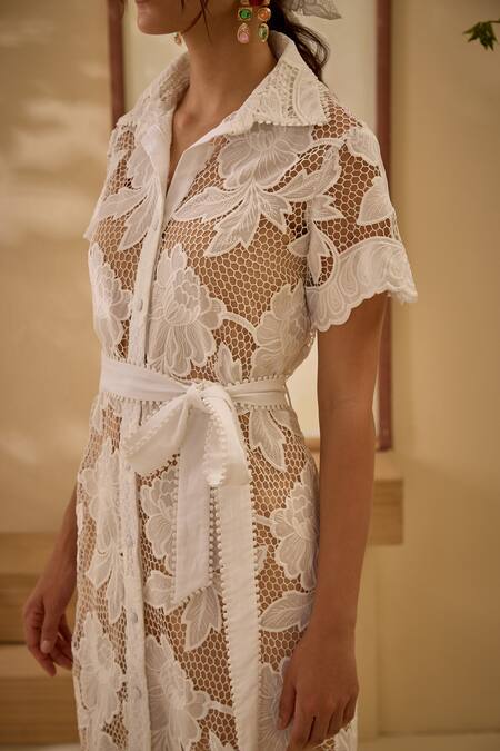Shop Label Deepika Nagpal White Viscose Lace Collared Floral Dress With Belt Online at Aza Fashions Shop_Label Deepika Nagpal_White Viscose Lace Collared Floral Dress With Belt_Online_at_Aza_Fashions
