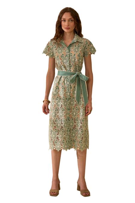 Buy_Label Deepika Nagpal_Green Cotton, Viscose Lace Collared Forest Mesh Floral Dress With Belt _Online_at_Aza_Fashions