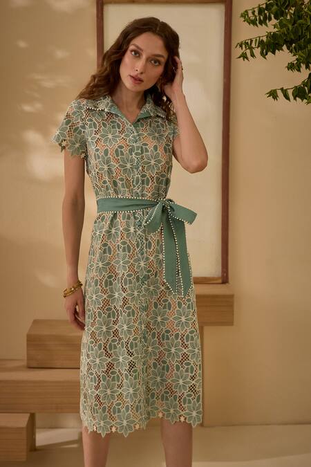 Shop_Label Deepika Nagpal_Green Cotton, Viscose Lace Collared Forest Mesh Floral Dress With Belt _Online_at_Aza_Fashions