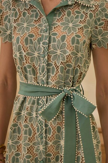 Label Deepika Nagpal_Green Cotton, Viscose Lace Collared Forest Mesh Floral Dress With Belt _at_Aza_Fashions