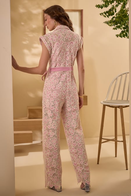 Shop Label Deepika Nagpal Pink Satin Lace Collared Candy Flora Mesh Jumpsuit With Belt at Aza Fashions Shop_Label Deepika Nagpal_Pink Satin Lace Collared Candy Flora Mesh Jumpsuit With Belt _at_Aza_Fashions