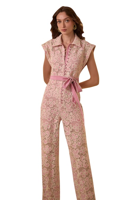 Label Deepika Nagpal Pink Satin Lace Collared Candy Flora Mesh Jumpsuit With Belt at Aza Fashions Label Deepika Nagpal_Pink Satin Lace Collared Candy Flora Mesh Jumpsuit With Belt _at_Aza_Fashions