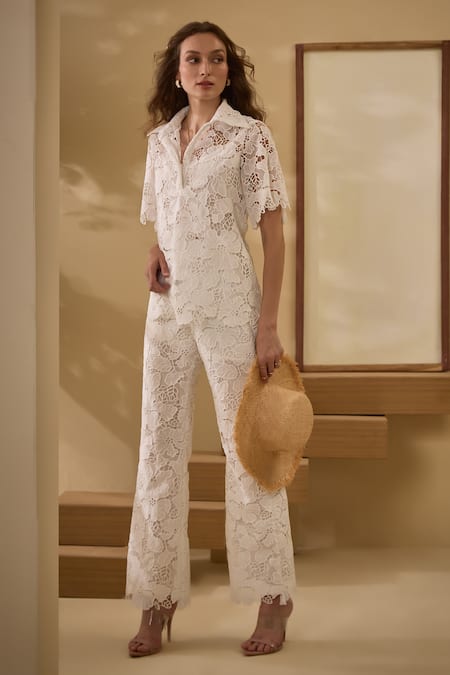 Label Deepika Nagpal White Iris Mesh Embroidered Lace Collared Detailed Shirt With Pant 