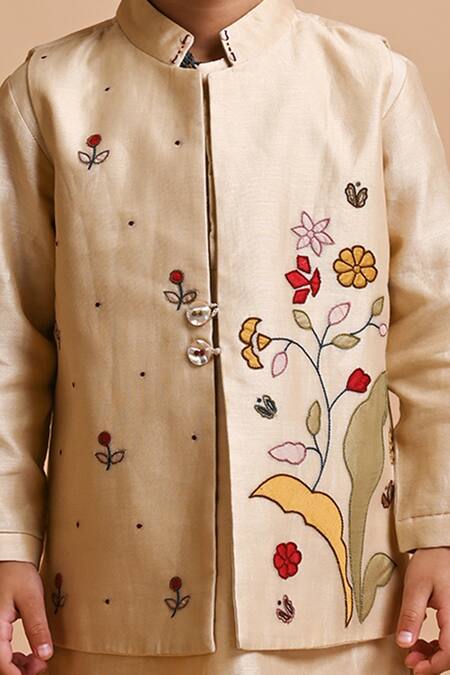Mityan_Ivory Silk Chanderi Embroidered Floral Applique Bundi Kurta Set _Online_at_Aza_Fashions