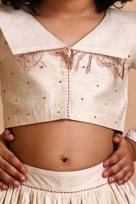 Mityan Ivory Jute Silk Embroidered Thread Saffron Floral Lehenga With Blouse Online at Aza Fashions Mityan_Ivory Jute Silk Embroidered Thread Saffron Floral Lehenga With Blouse _Online_at_Aza_Fashions