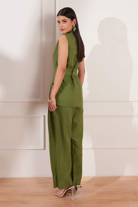 Shop Tara And I Green Hemp Collared Sleeveless Jacket With Belt at Aza Fashions Shop_Tara And I_Green Hemp Collared Sleeveless Jacket With Belt _at_Aza_Fashions