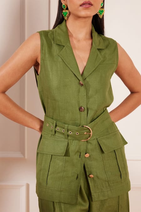 Tara And I Green Hemp Collared Sleeveless Jacket With Belt Online at Aza Fashions Tara And I_Green Hemp Collared Sleeveless Jacket With Belt _Online_at_Aza_Fashions